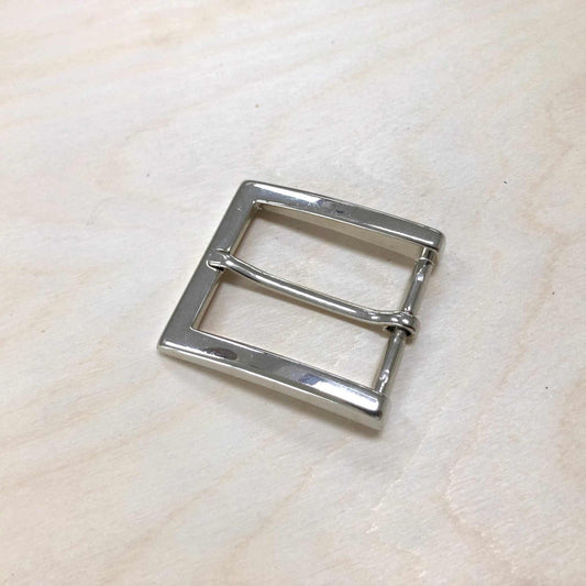 Silver Chrome Belt Buckle with square frame and pin, 34mm width, 51mm length, nickel-plated finish.