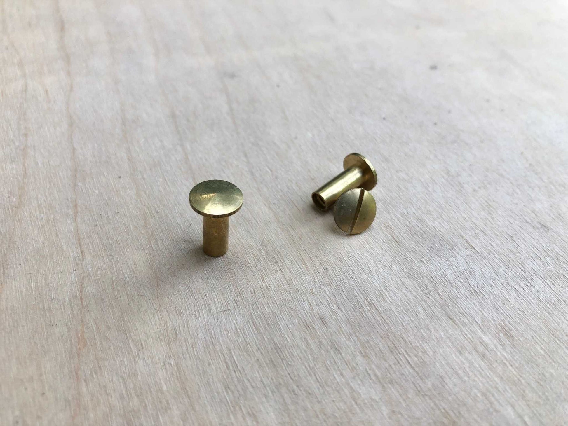 Chicago Screws in solid brass displayed on a wooden surface, ideal for leatherwork and crafting projects.